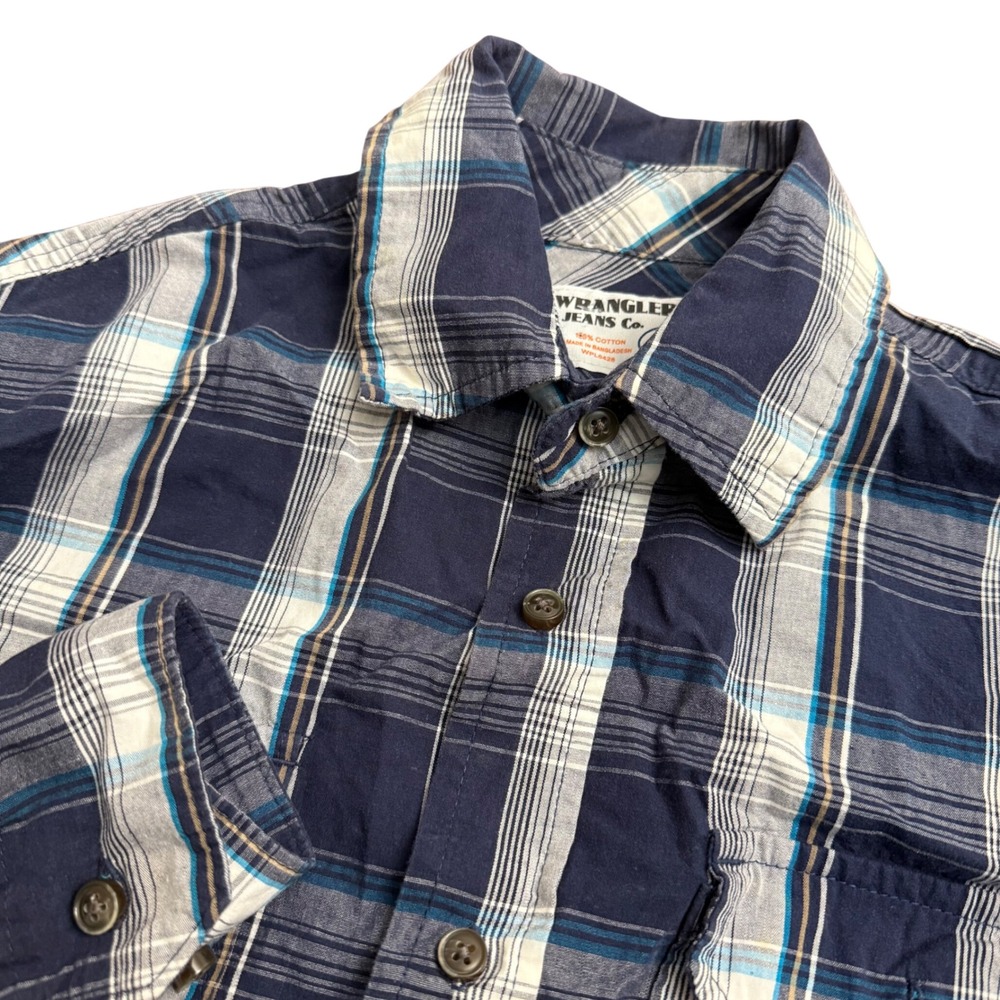 Wrangler Jeans Co Mens Plaid Long Sleeve Button Up Shirt Blue White M Distressed
